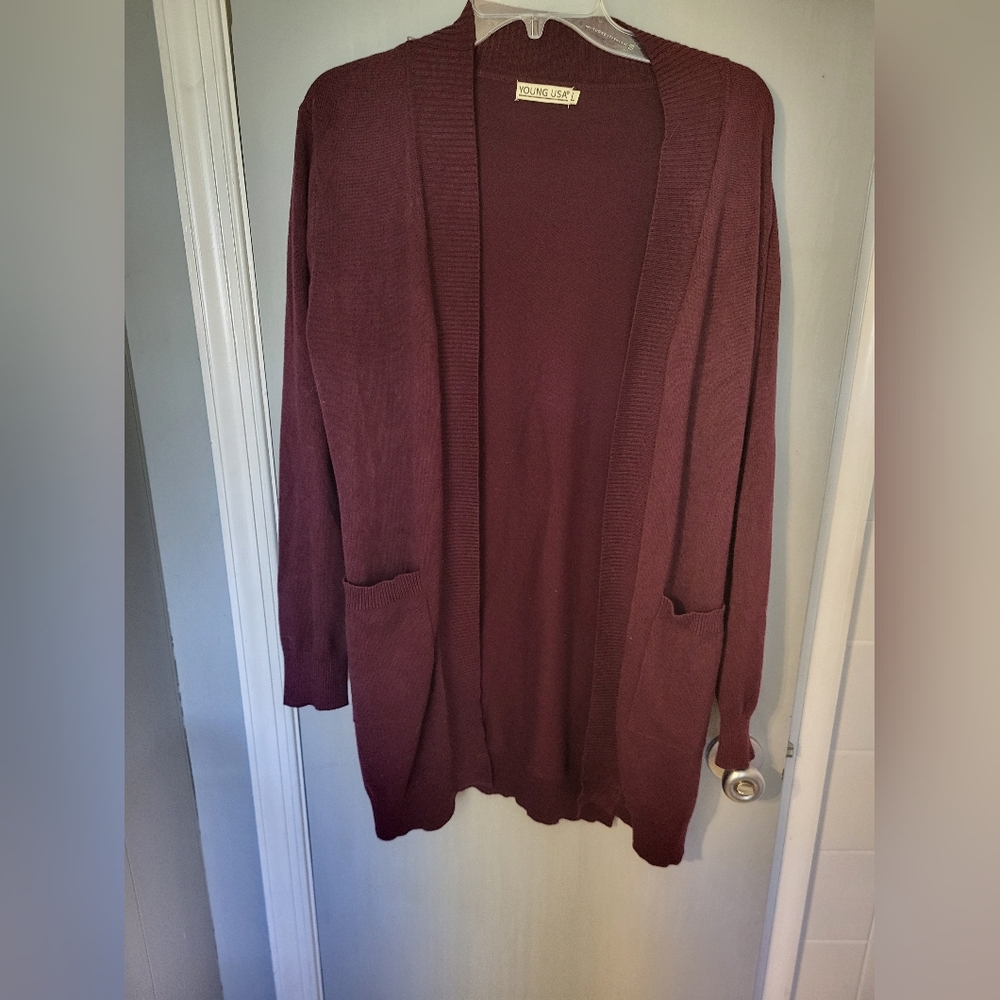 Long Women's Burgundy Cardigan Sweater Large
